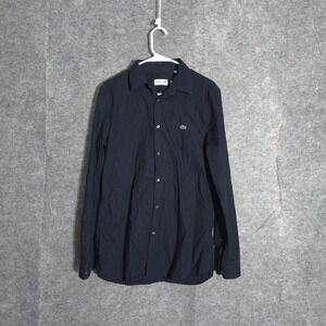 Lacoste Button Down Shirt Mens 15.75 Navy Blue Slim Fit Cotton Poplin Logo Top